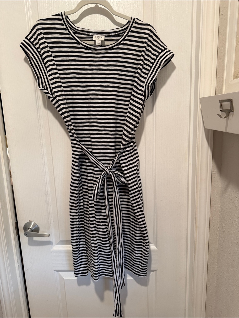 J. Crew Black and White Cotton Striped Tie-Waist Midi Dress